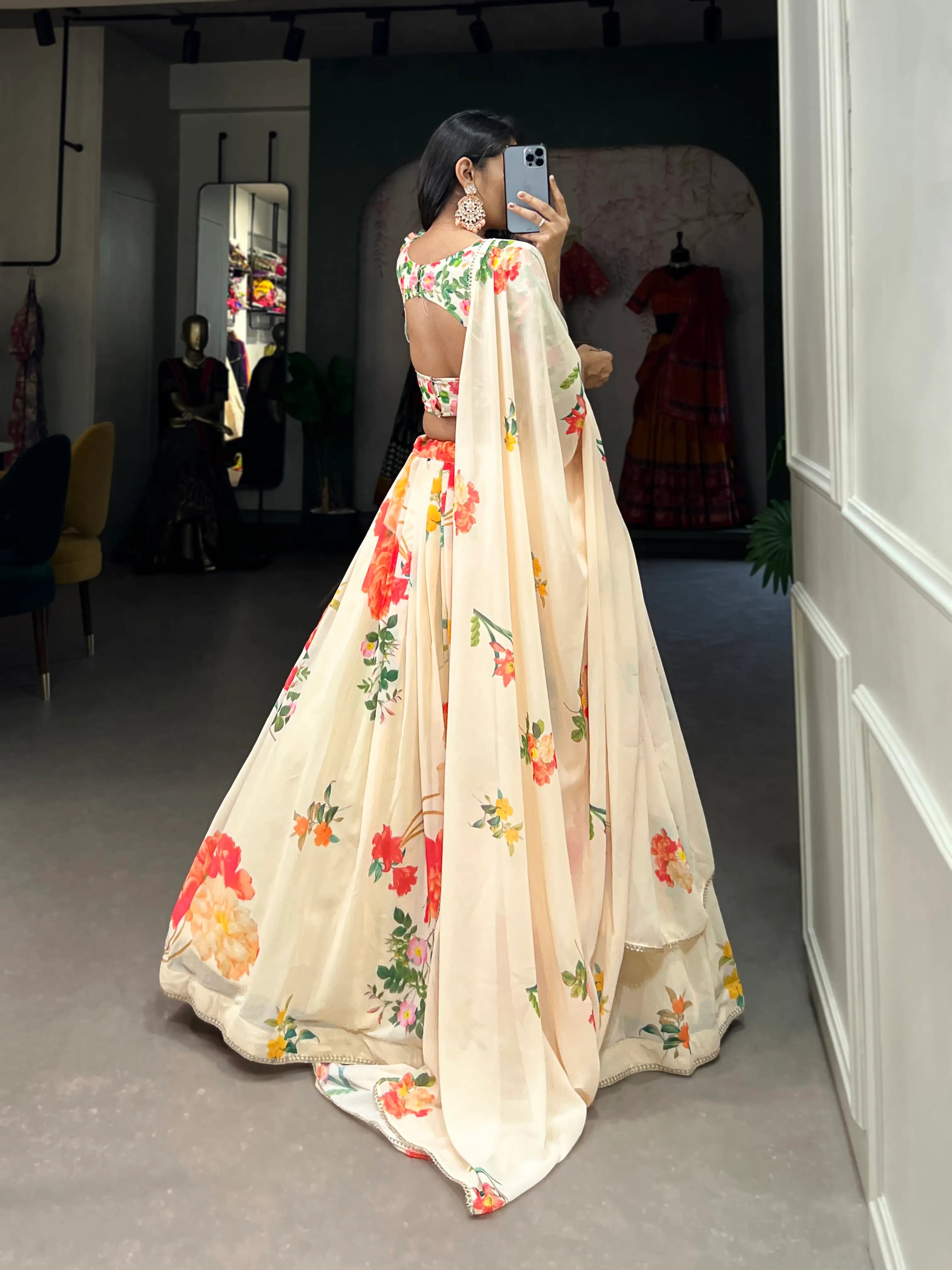 Cream Georgette Floral printed Lehenga Choli | Ready To Wear - qivii