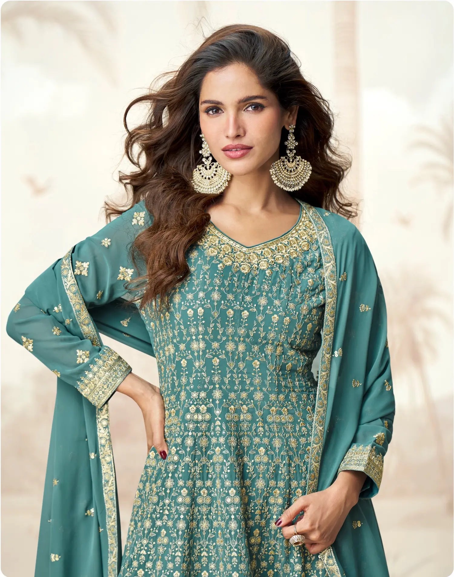 Greyish Teal Georgette Embroidery Work Palazzo Suit - qivii