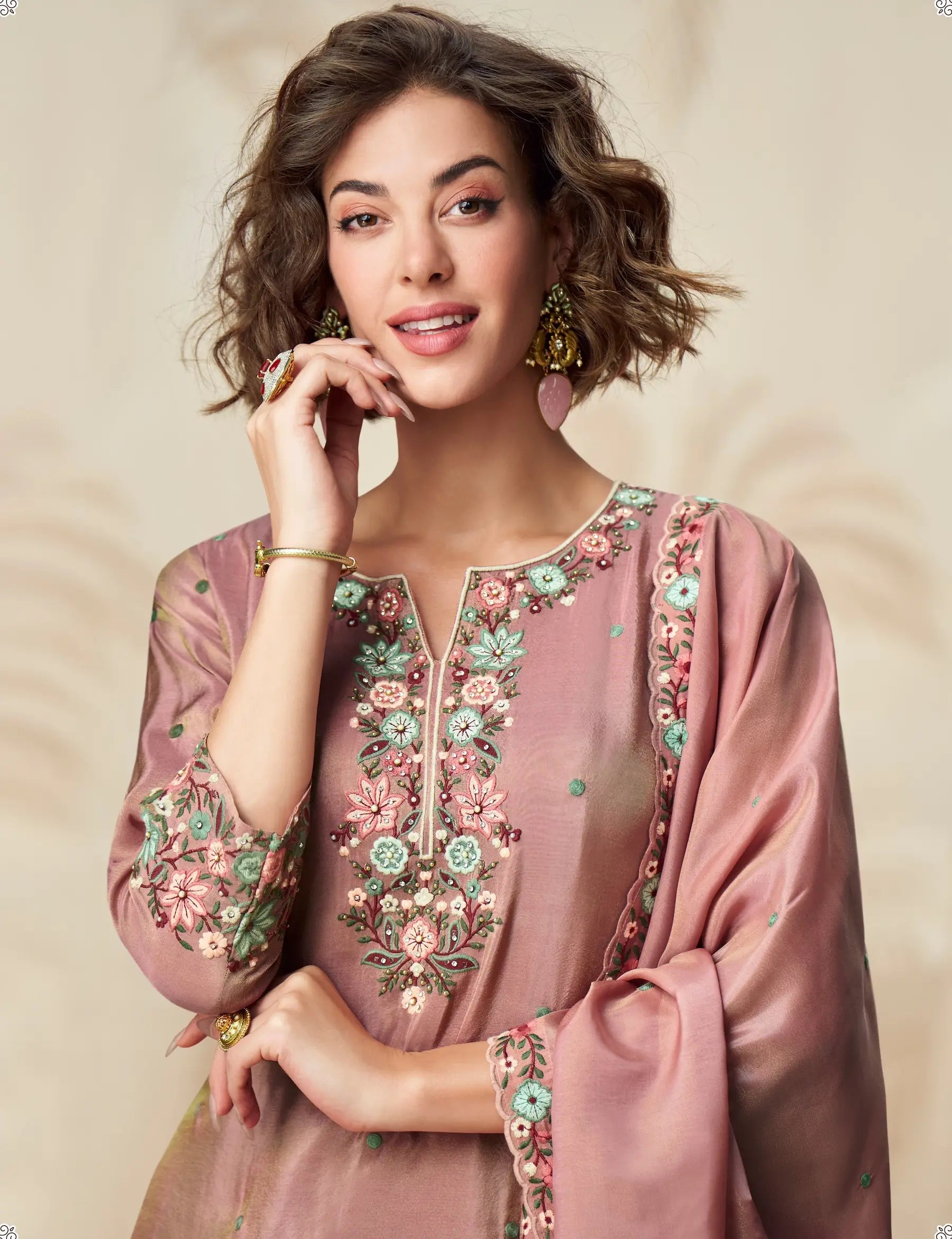 Dusty Pink Shimmer Silk Embroidery Work Salwar Suit - qivii