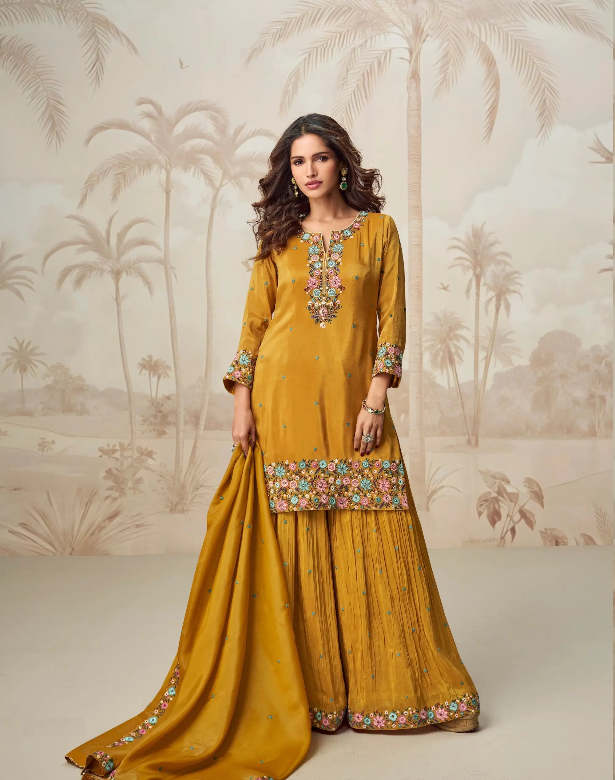 Golden Yellow Shimmer Silk Embroidery Work Salwar Suit - qivii