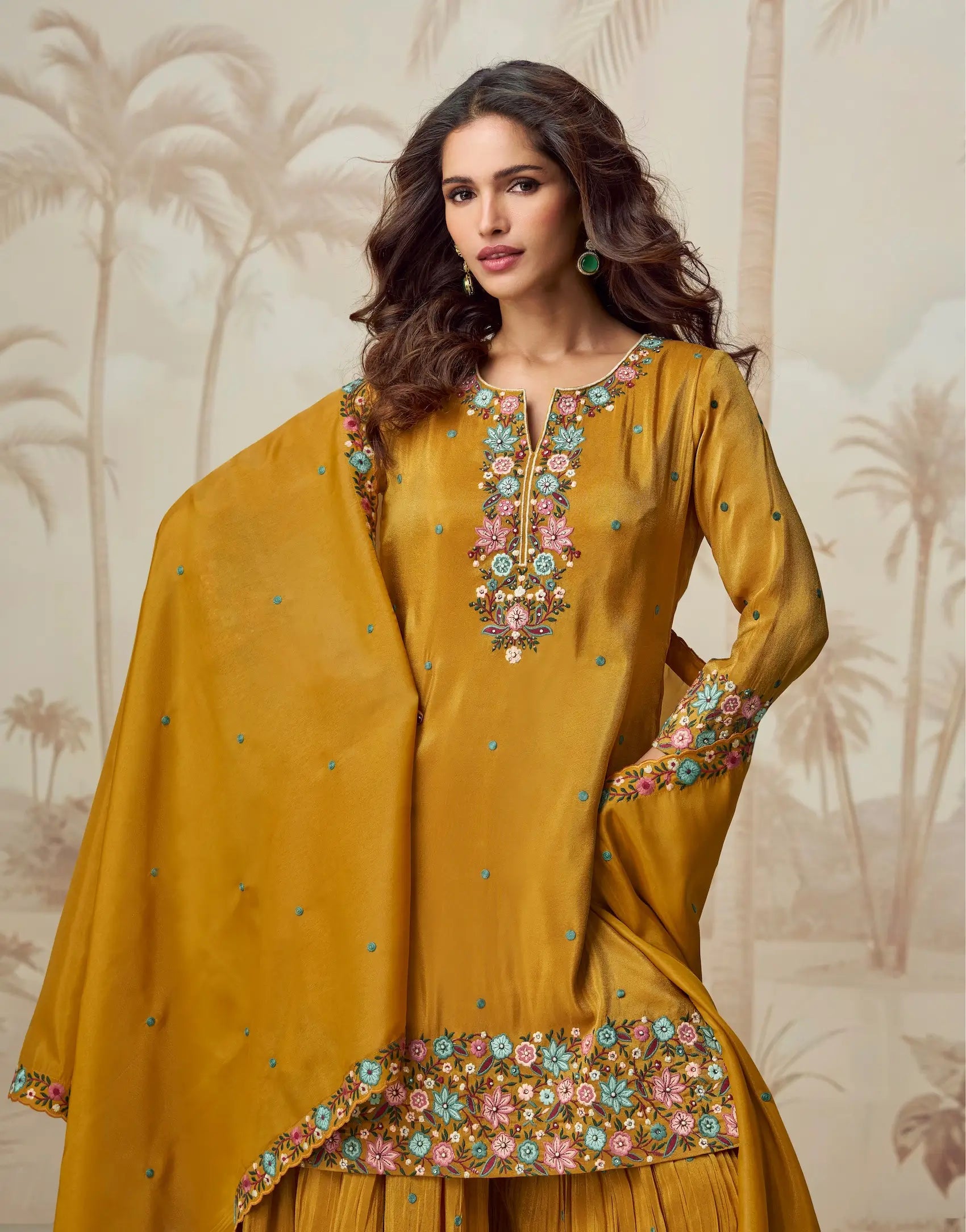 Golden Yellow Shimmer Silk Embroidery Work Salwar Suit - qivii