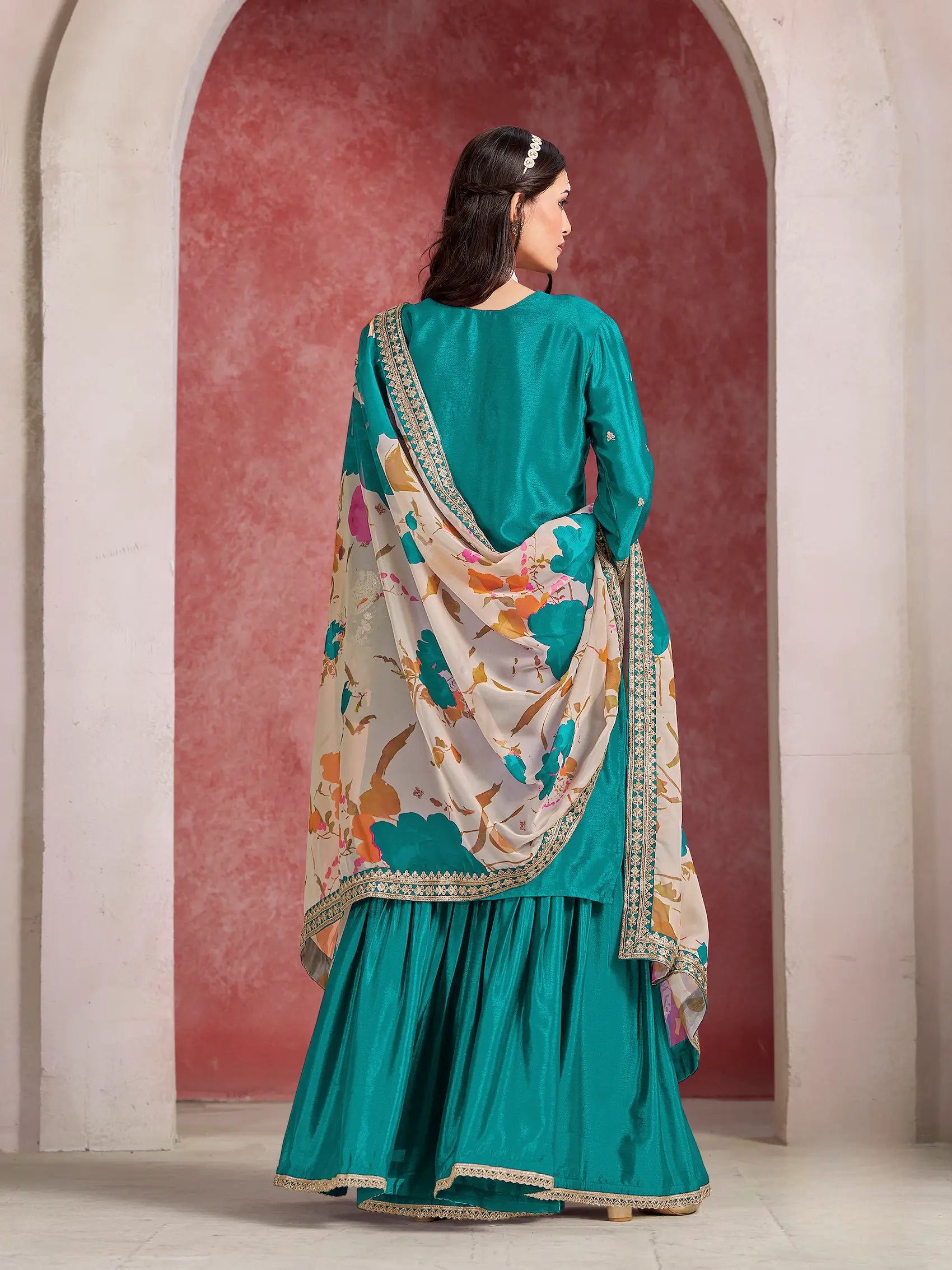 Teal Blue Chinon Embroidery Salwar suit With Organza Dupatta - qivii