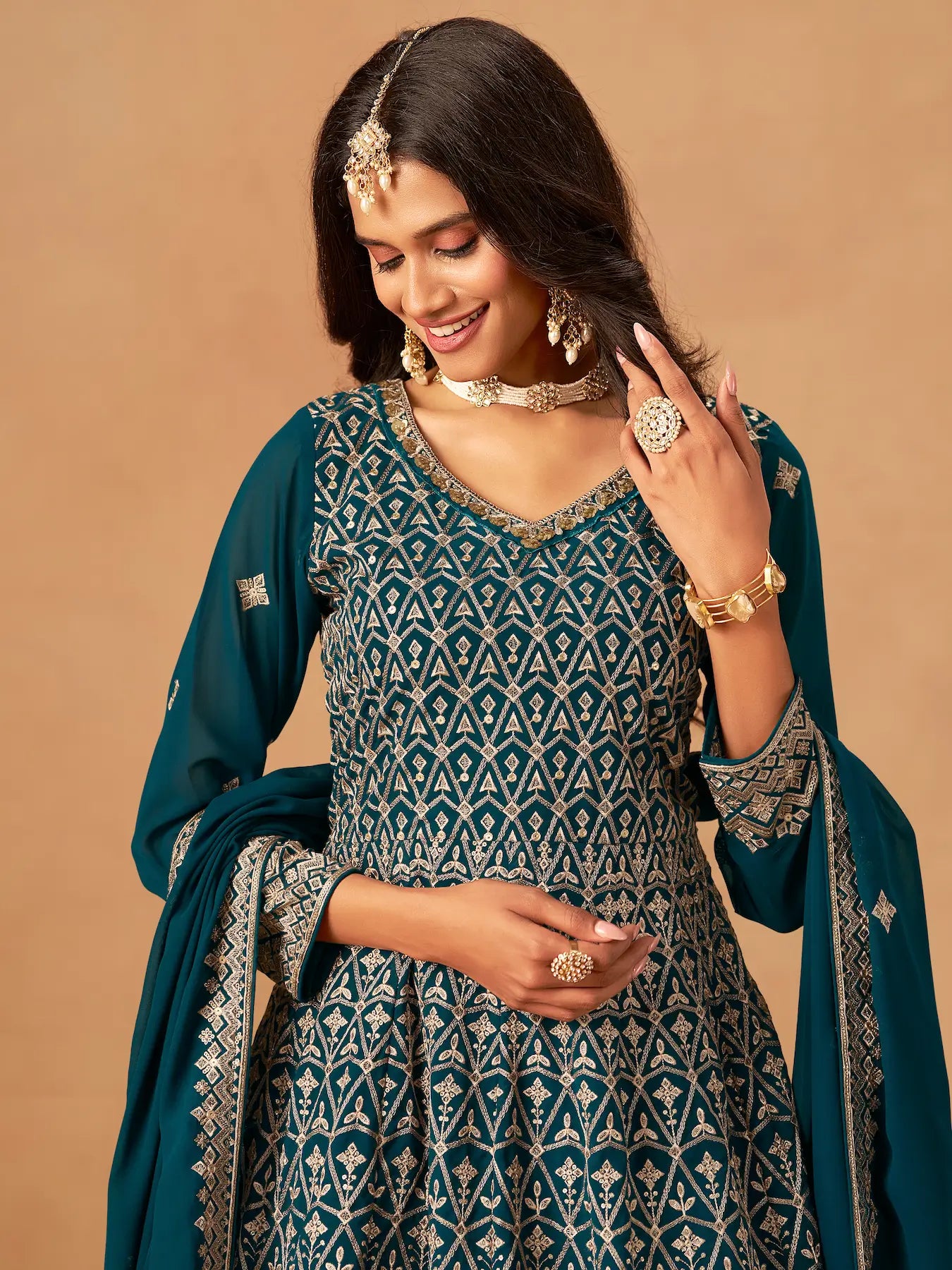 Teal Blue Georgette Embroidery Work Palazzo Set - qivii