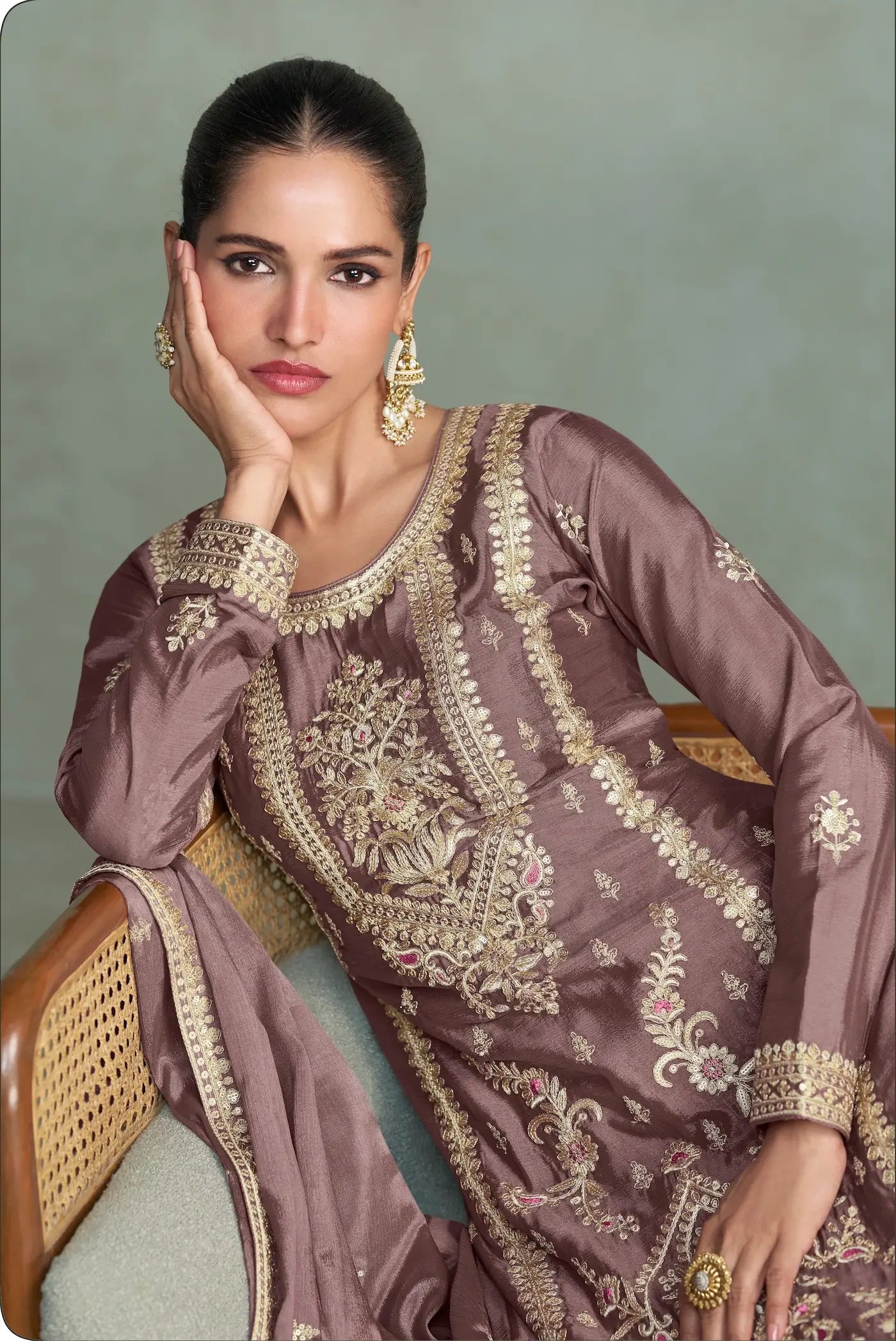 Cocoa Brown Chinon Silk Embroidery work Palazzo Suit - qivii