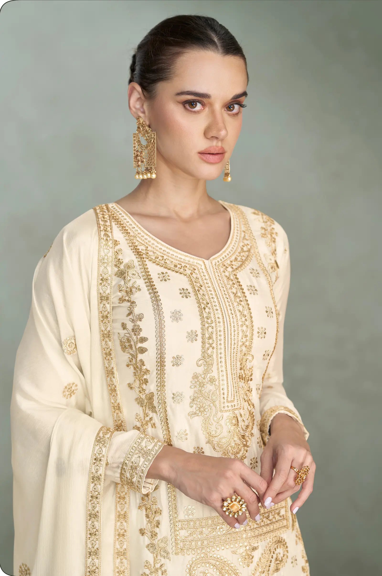 Off White Chinon Silk Embroidery work Palazzo Suit - qivii