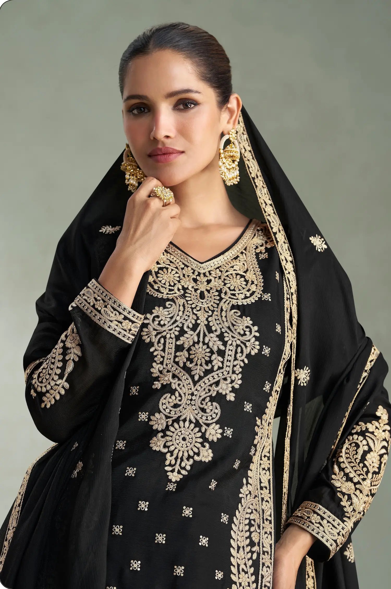 Black Chinon Silk Embroidery work Palazzo Suit - qivii