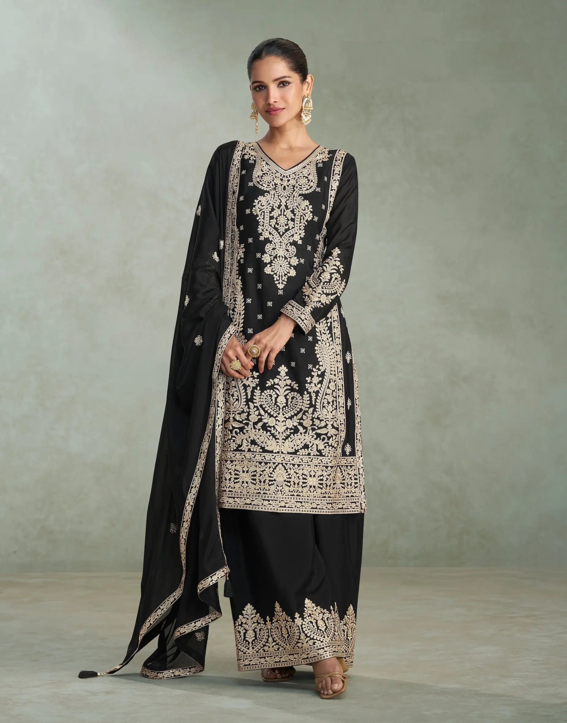 Black Chinon Silk Embroidery work Palazzo Suit - qivii