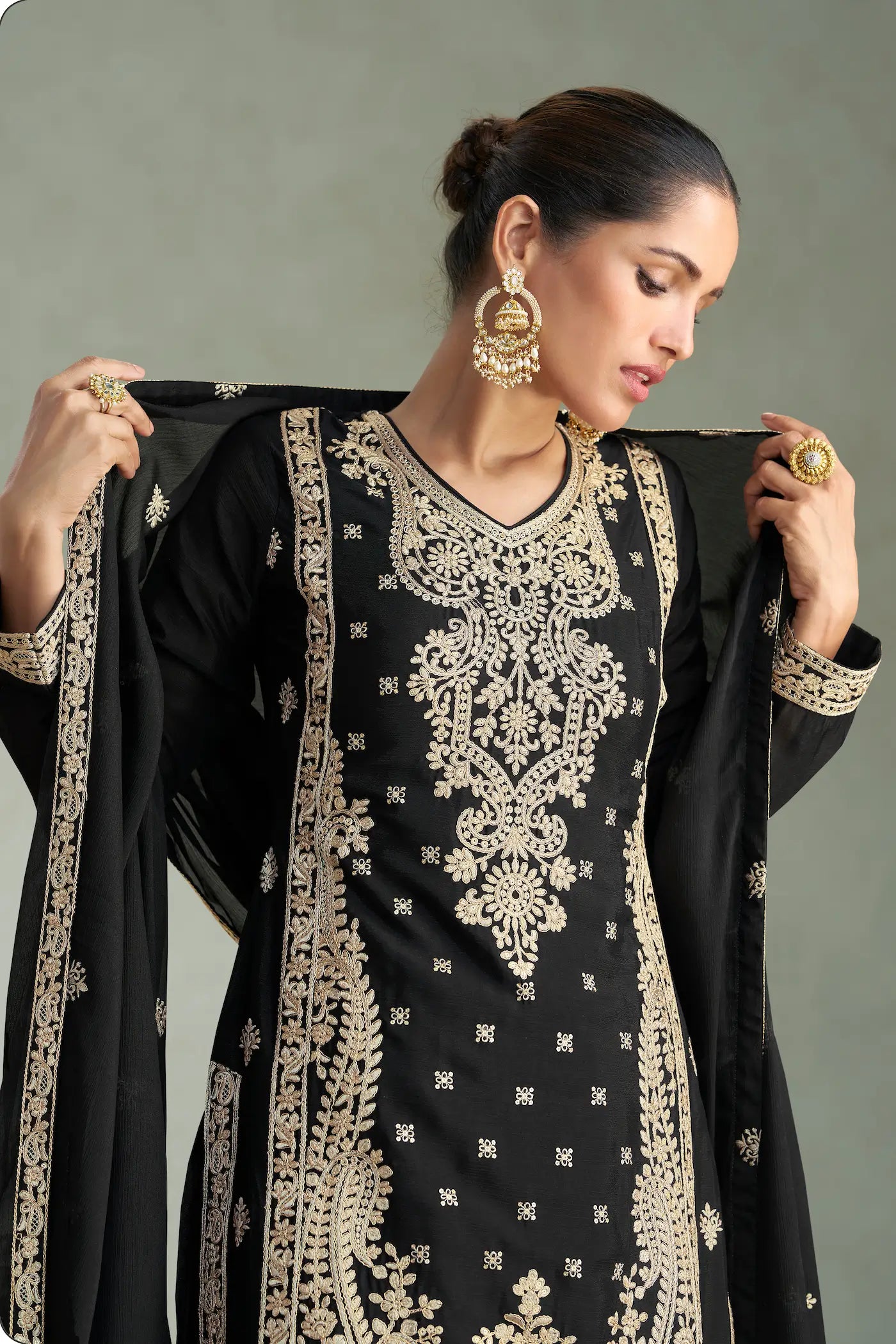 Black Chinon Silk Embroidery work Palazzo Suit - qivii