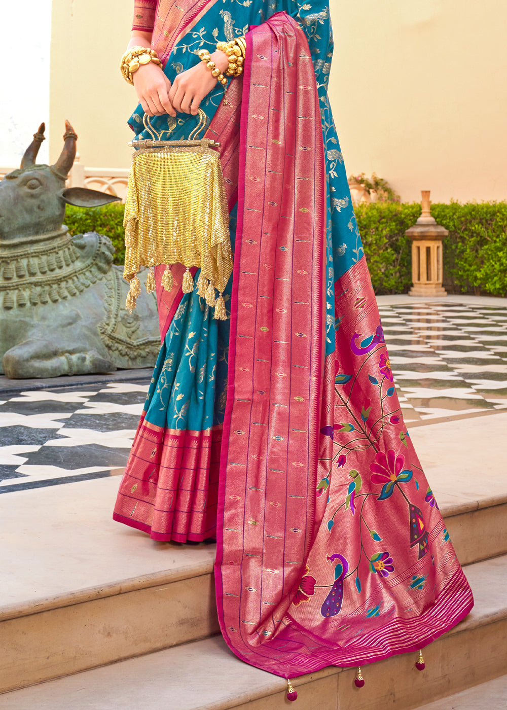 Blue & Pink Paithani Printed Silk Saree - qivii