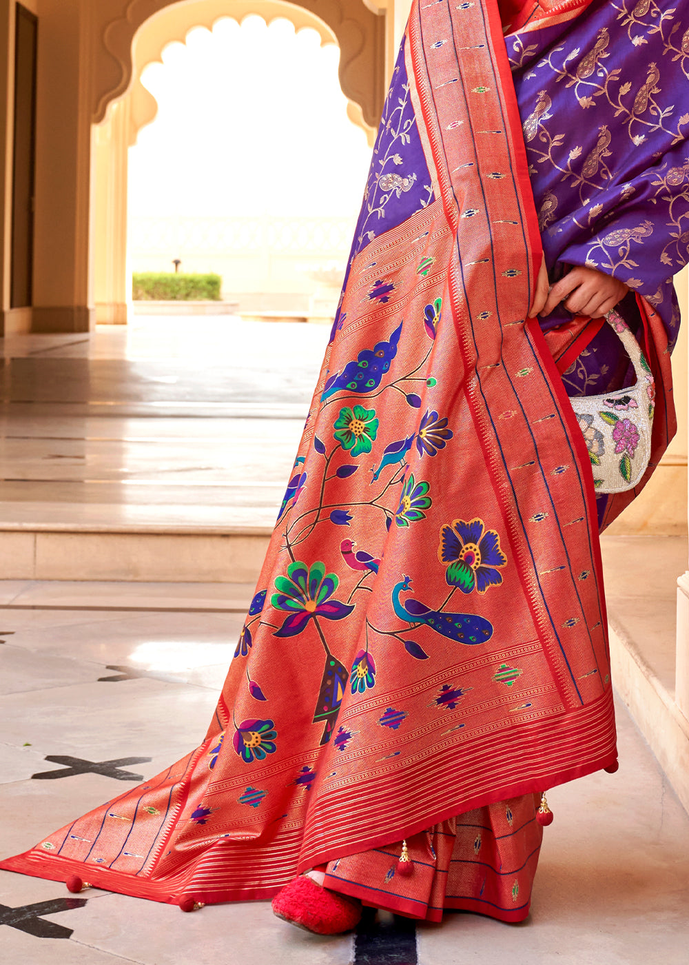 Purple & Red Paithani Printed Silk Saree - qivii