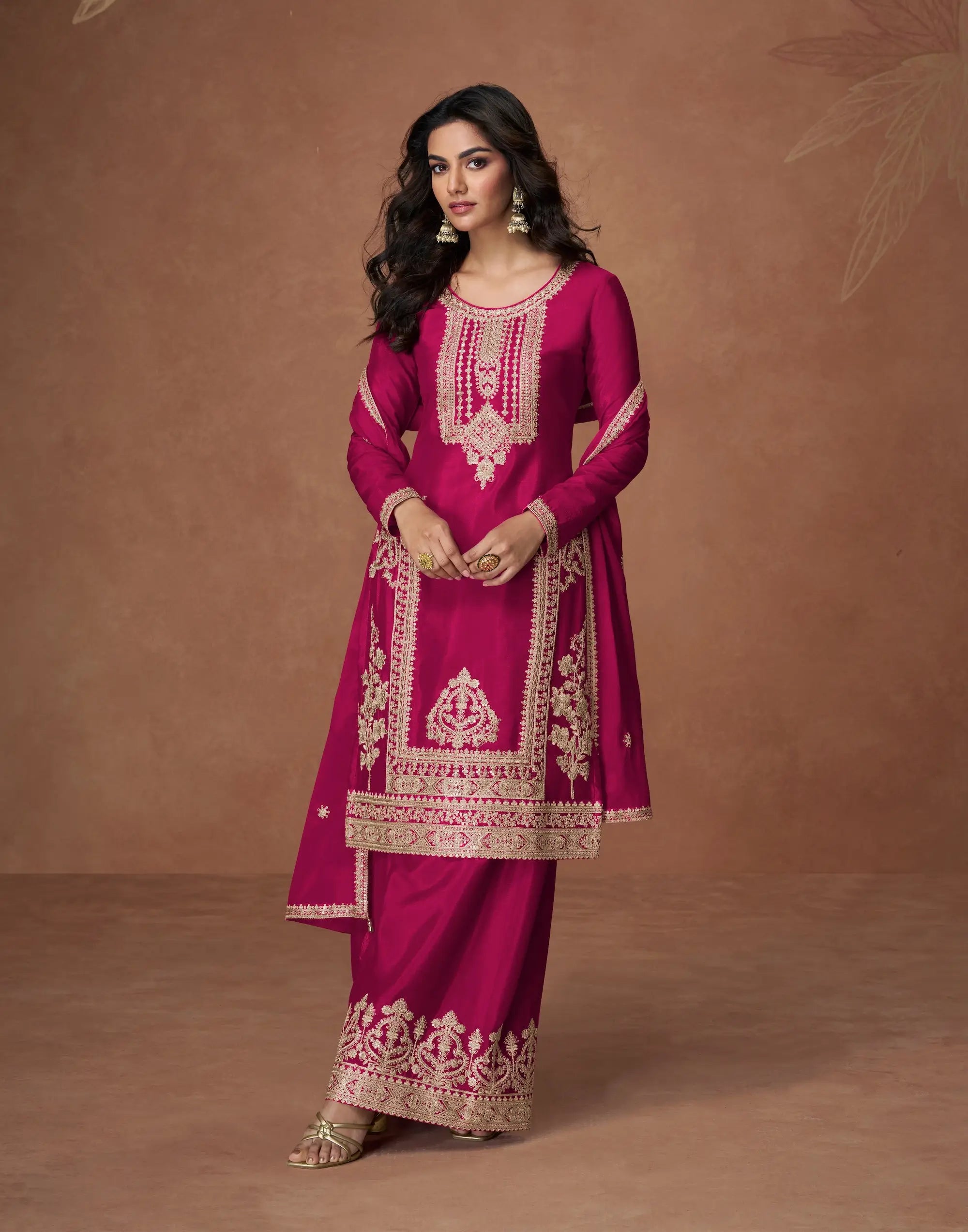 Dark Pink Chinon Silk Embroidery Work Palazzo Suit - qivii