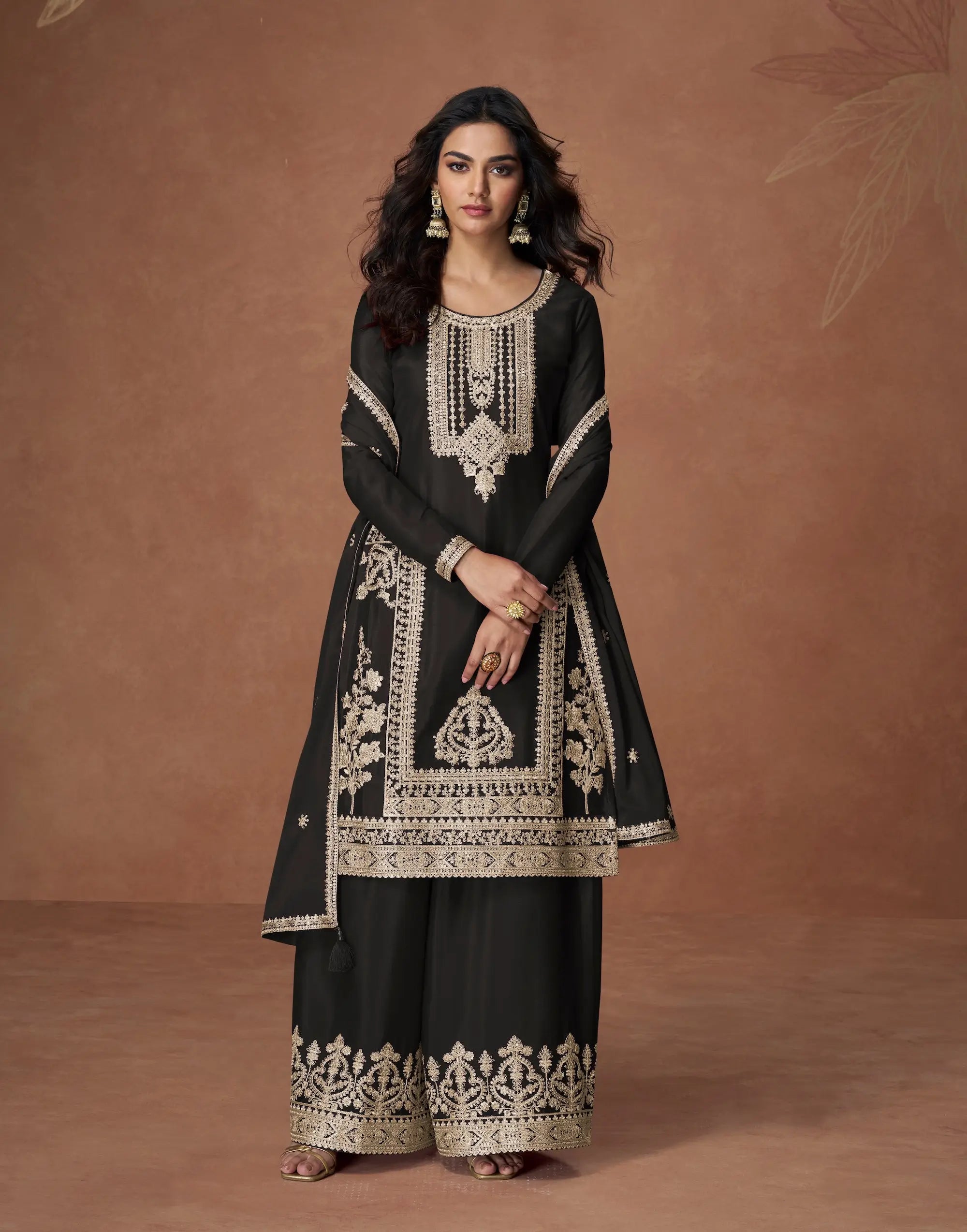 Hot Black Chinon Silk Embroidery Work Palazzo Suit - qivii
