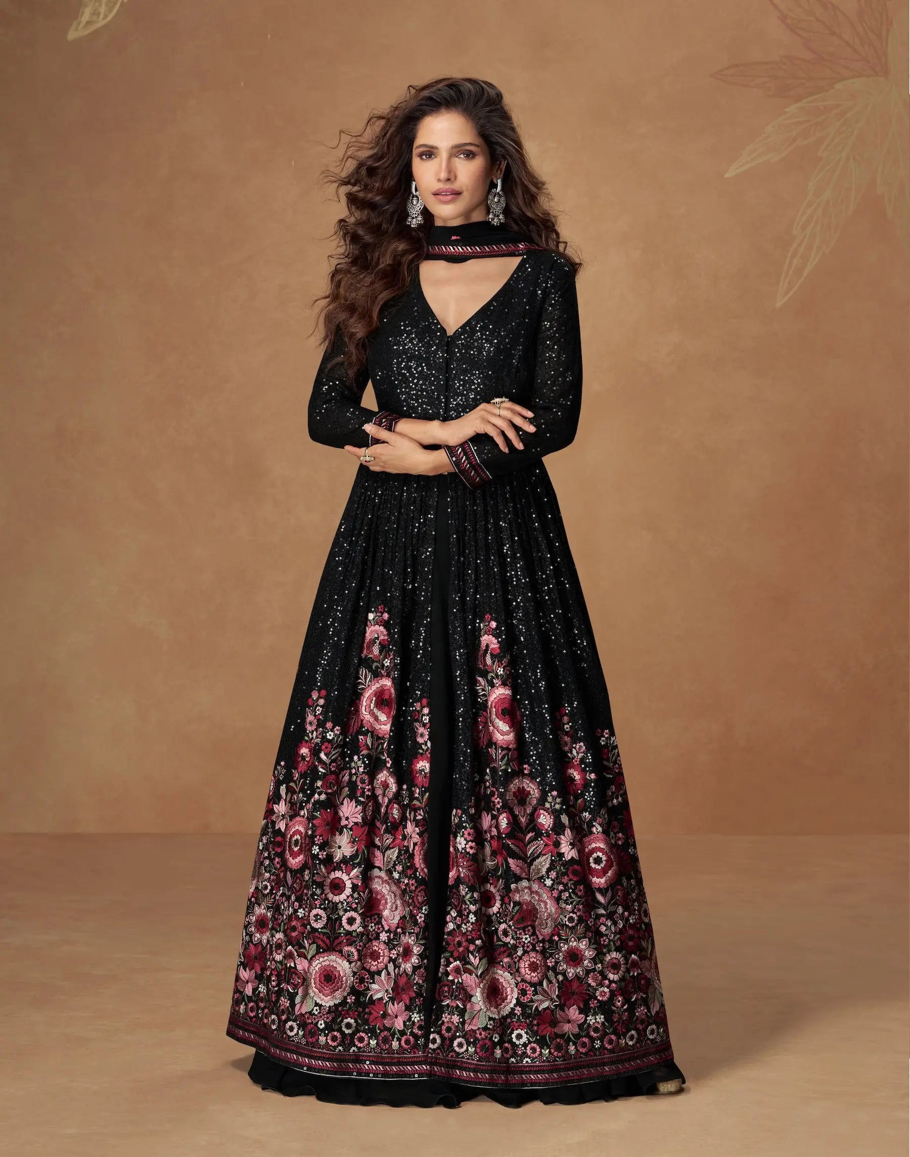 Hot Black Georgette Embroidery Work Gown - qivii