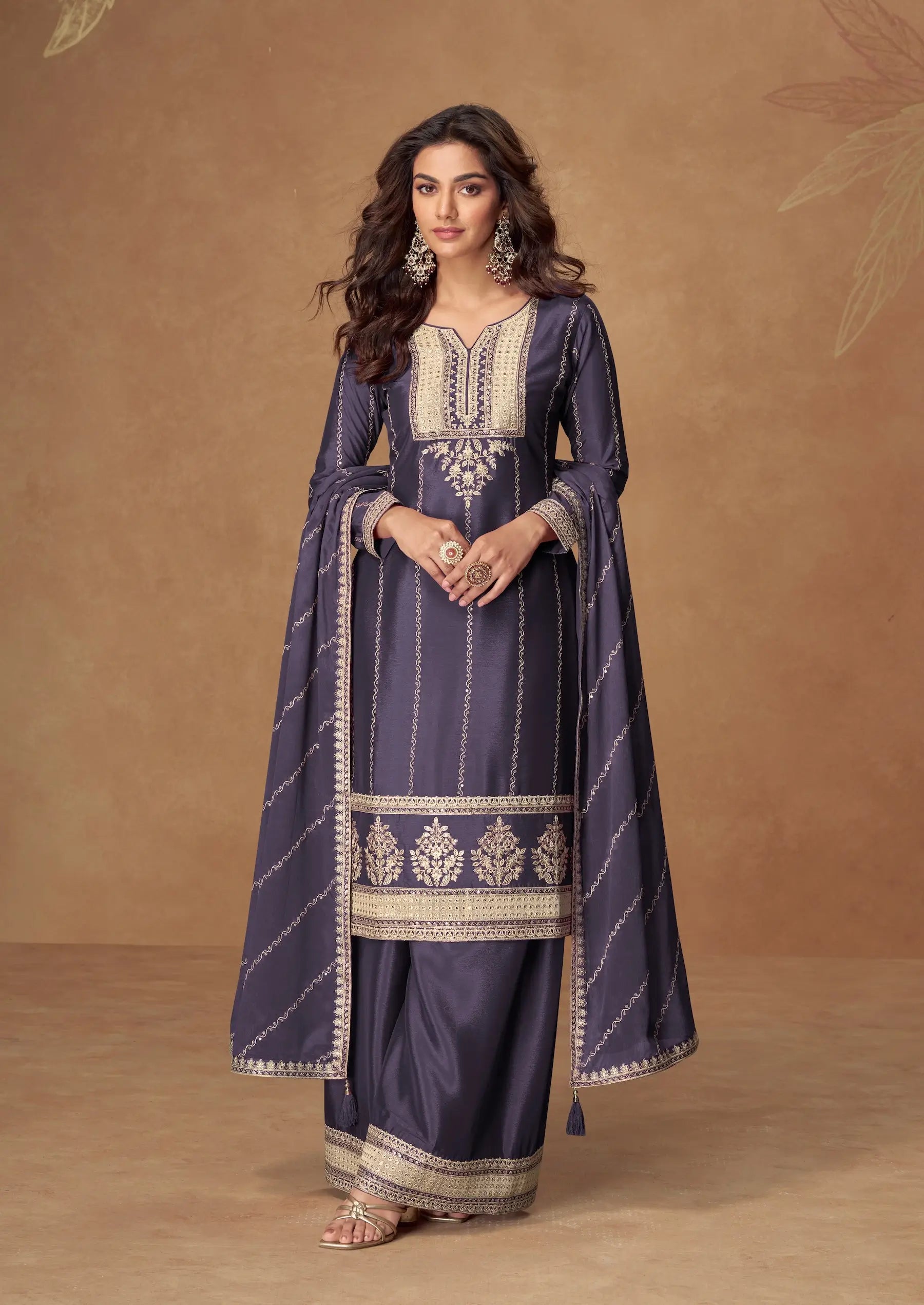 Davy Grey Chinon Silk Palazzo Suit With Embroidery Work - qivii