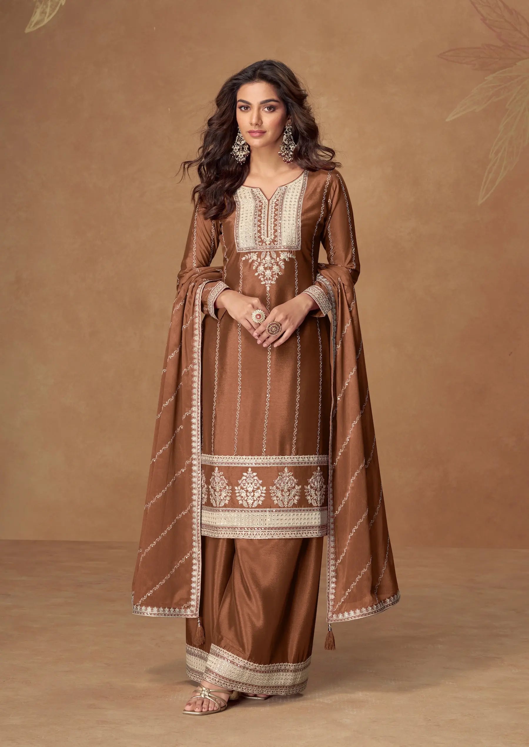 Rust Brown Chinon Silk Palazzo Suit With Embroidery Work - qivii