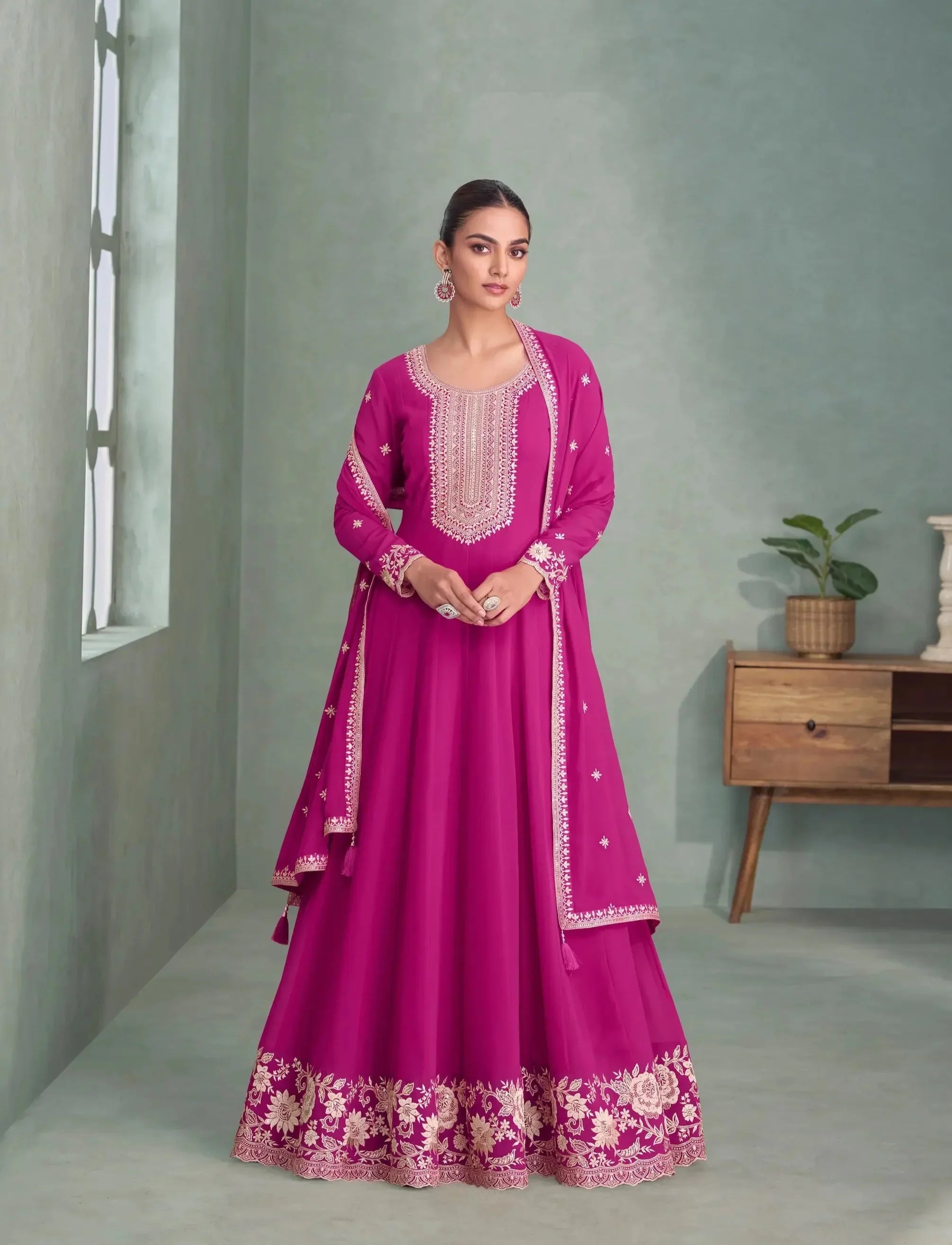 Rani Pink Georgette Embroidery Work Gown - qivii