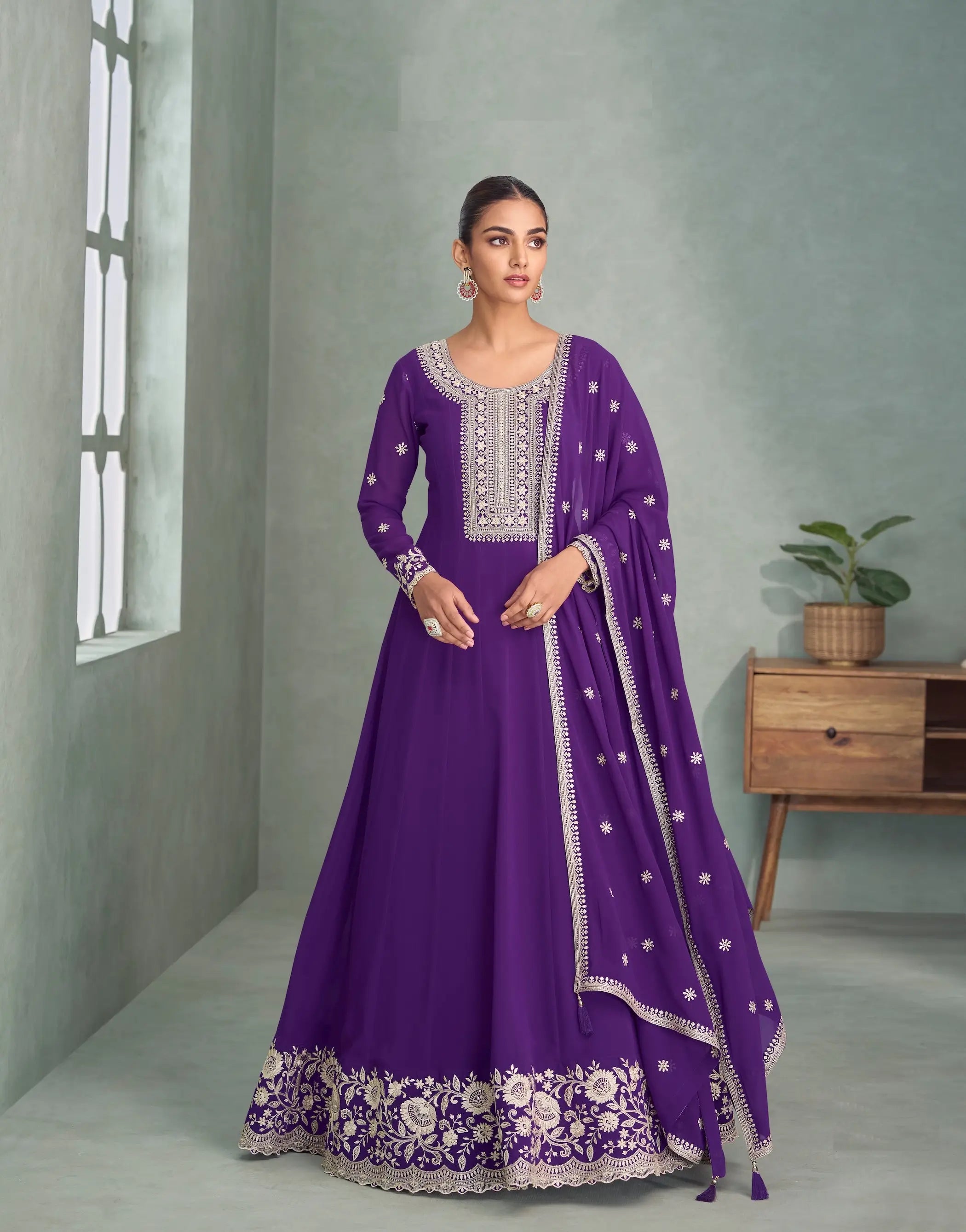 Purple Georgette Embroidery Work Gown - qivii