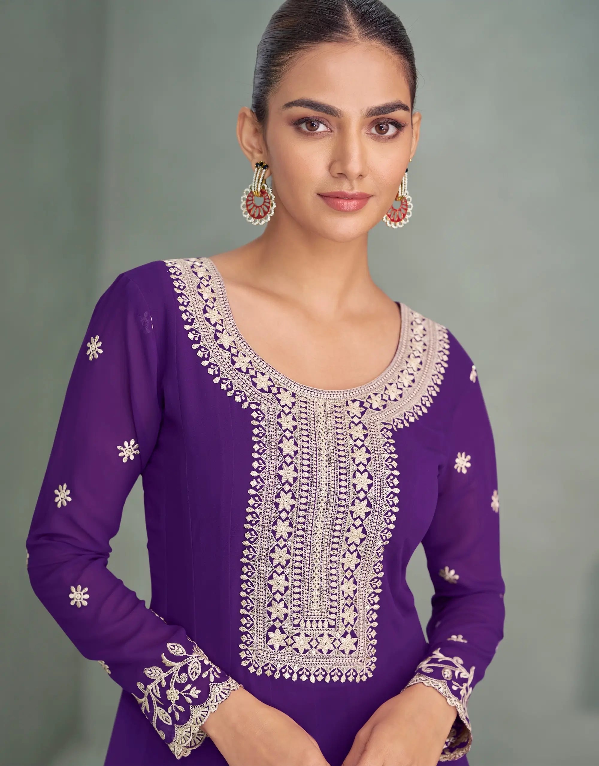 Purple Georgette Embroidery Work Gown - qivii