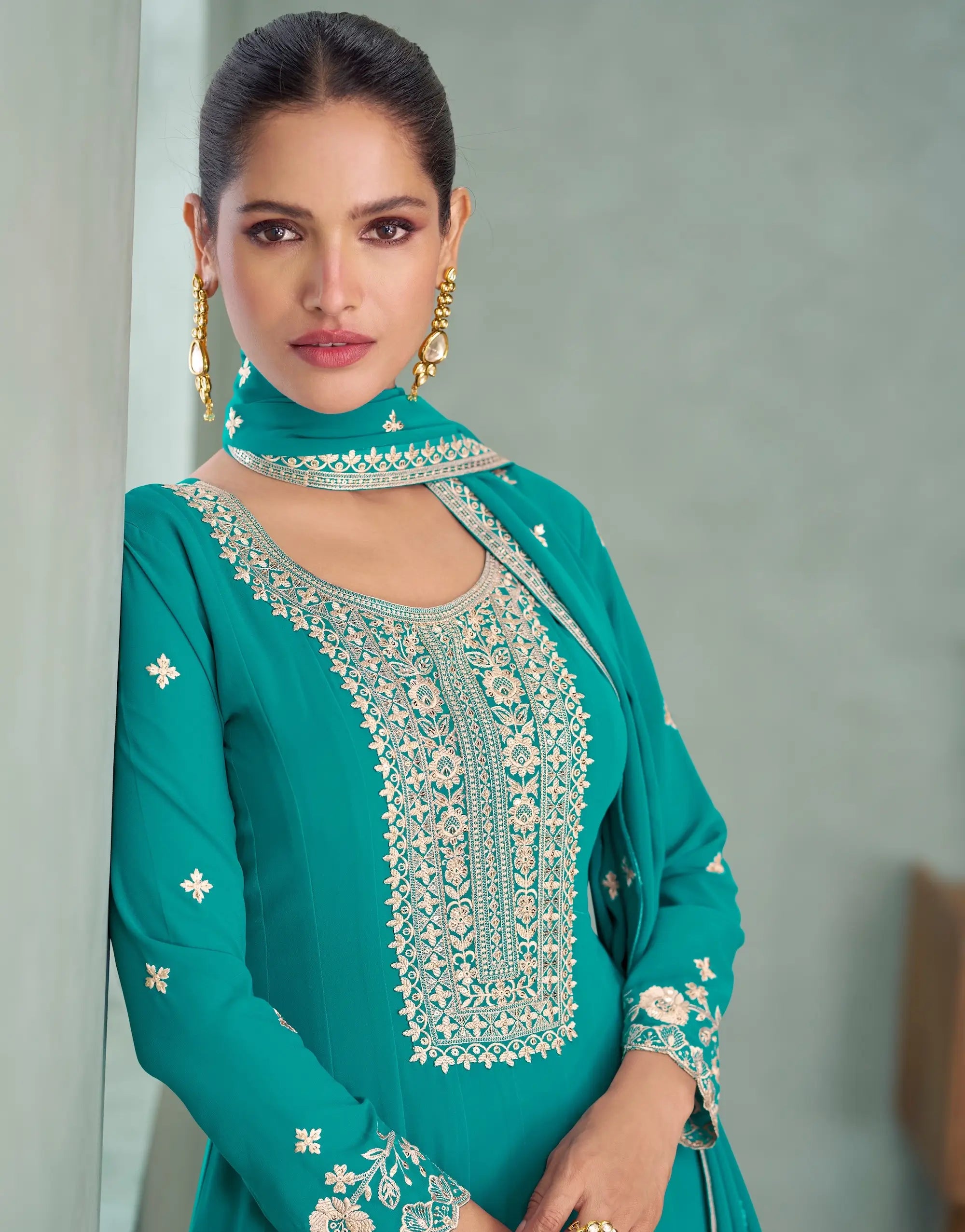 Teal Blue Georgette Embroidery Work Gown - qivii
