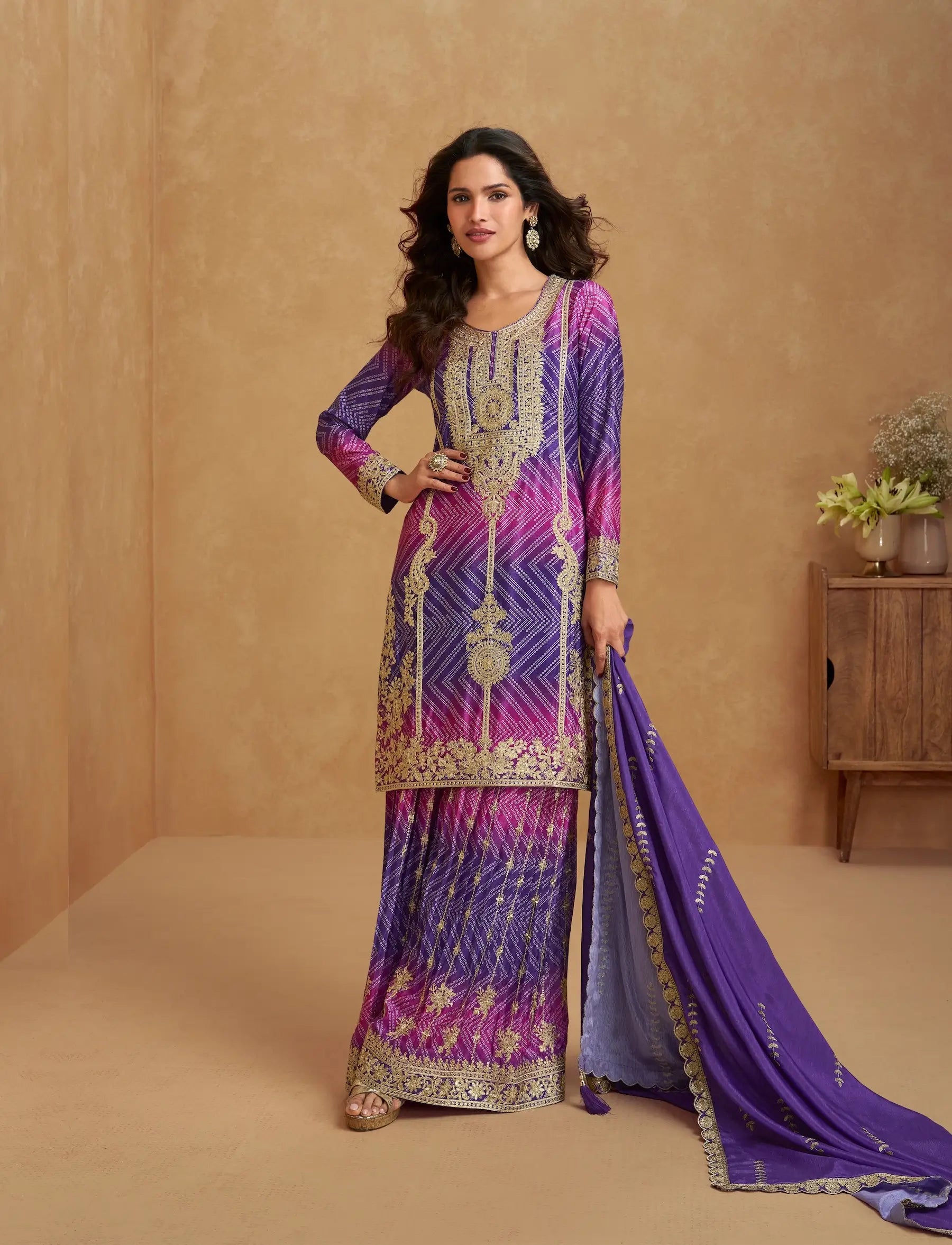 Purple Chinon Silk Printed & Embroidery Work Palazzo set - qivii