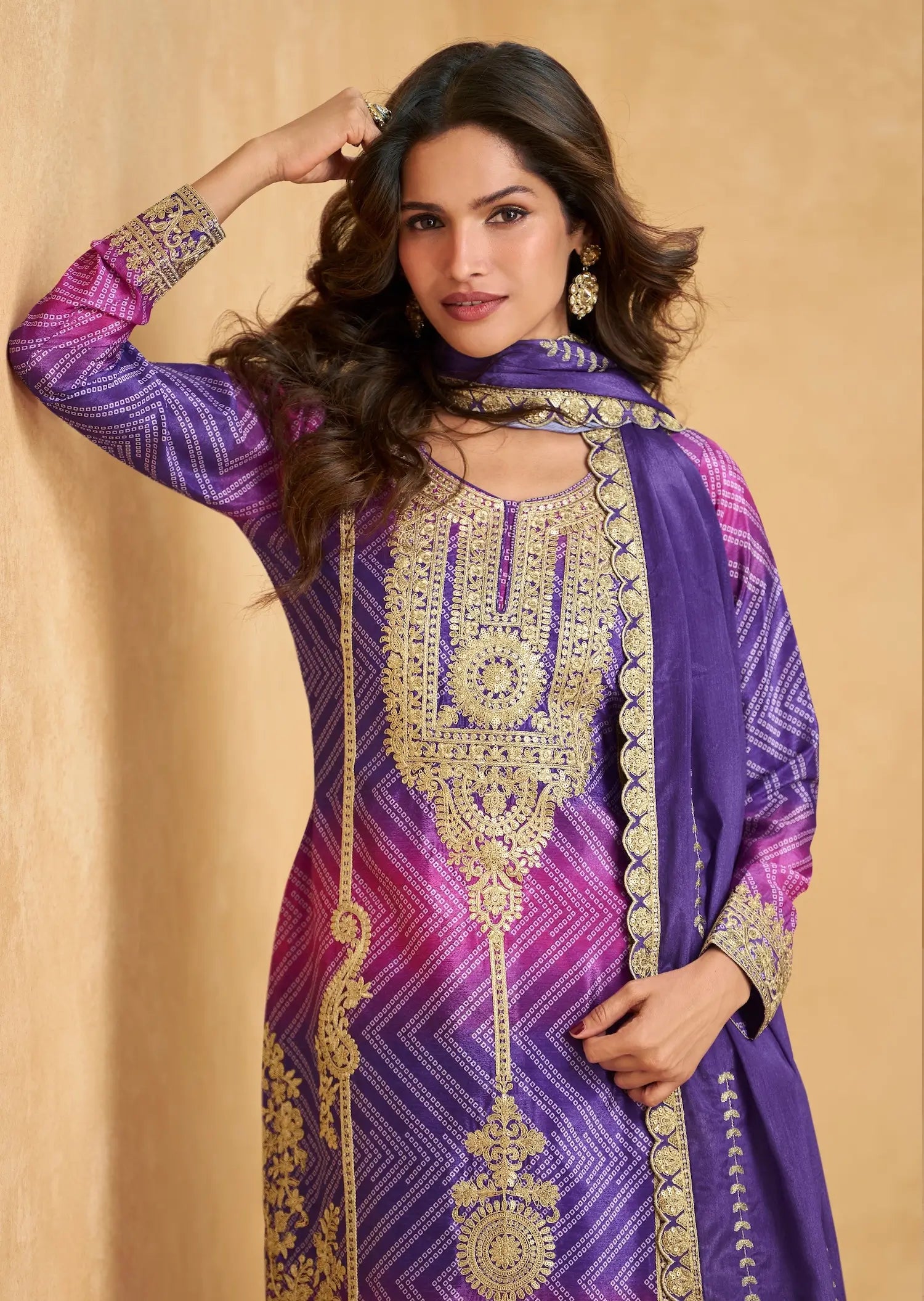 Purple Chinon Silk Printed & Embroidery Work Palazzo set - qivii