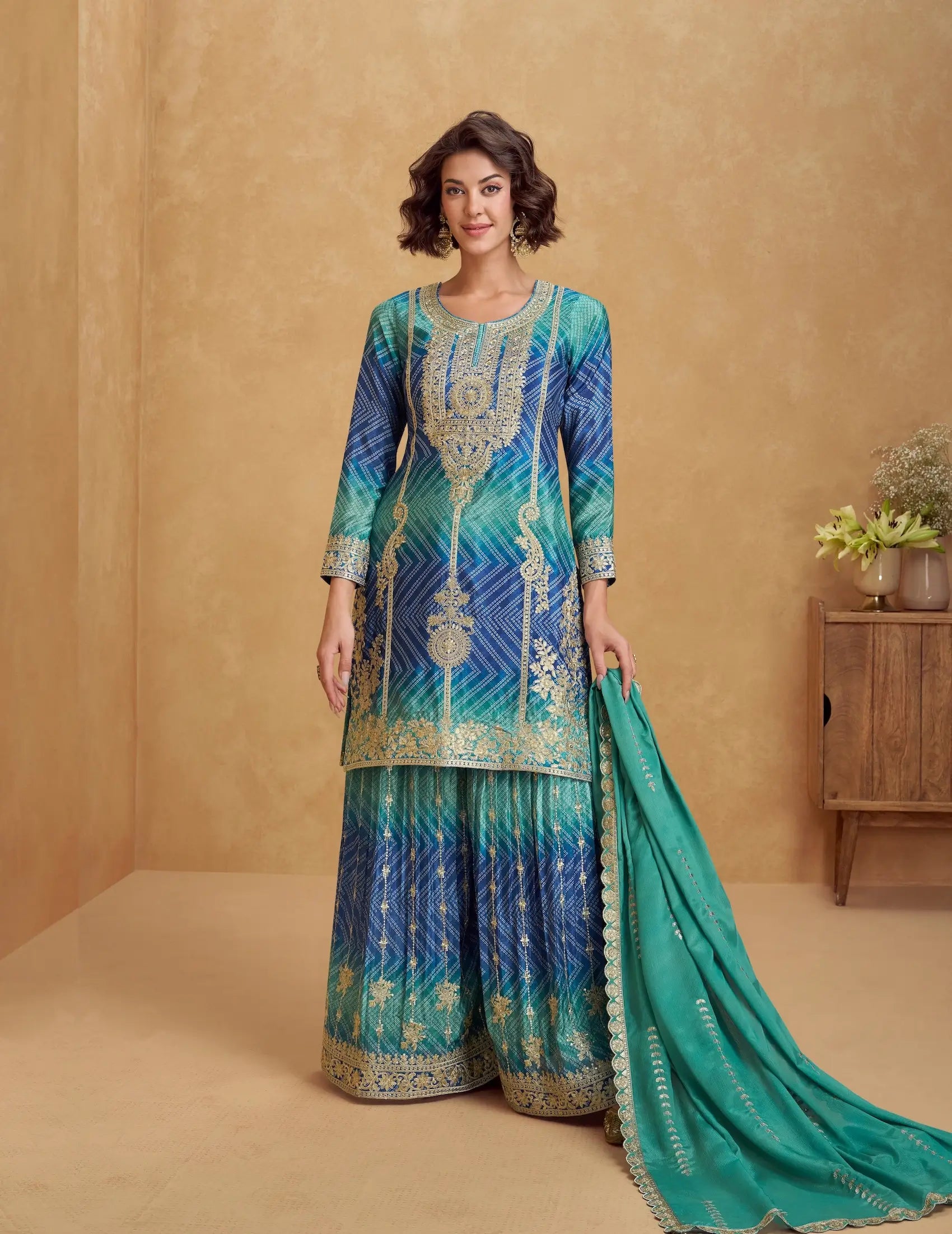 Sea Blue Chinon Silk Printed & Embroidery Work Palazzo set - qivii