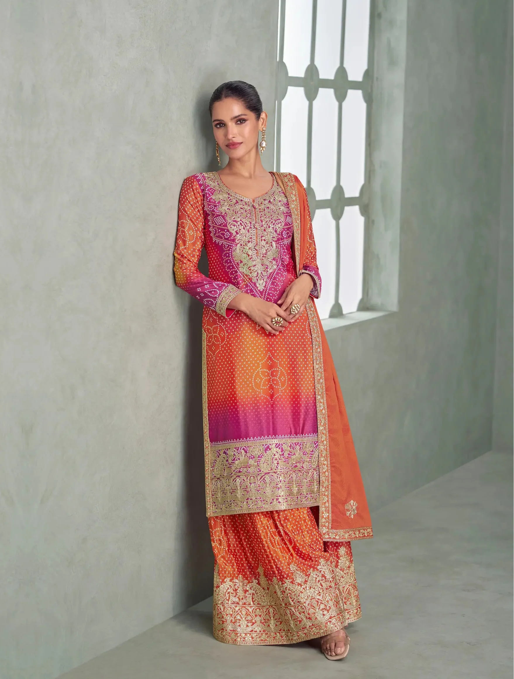 Sunrise Orange Chinon Silk Embroidery Palazzo Suit - qivii