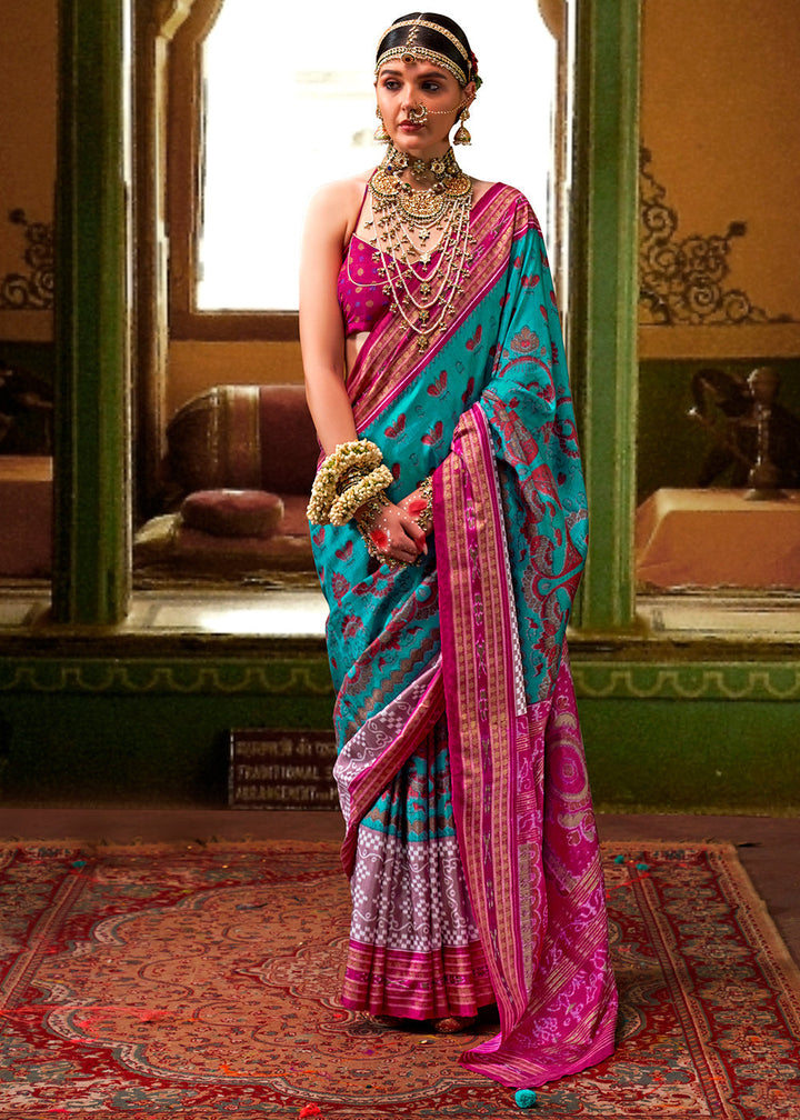 Cerulean Blue Traditional Patola Printed Silk Saree with intricate geometric patterns and vibrant color combinations