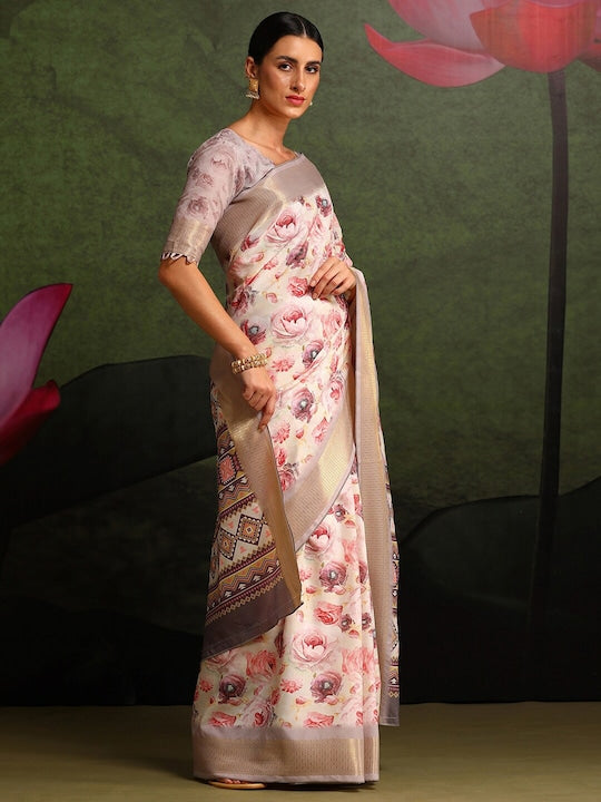 Women's Silk Blend Off White Printed Celebrity Saree With Blouse Piece