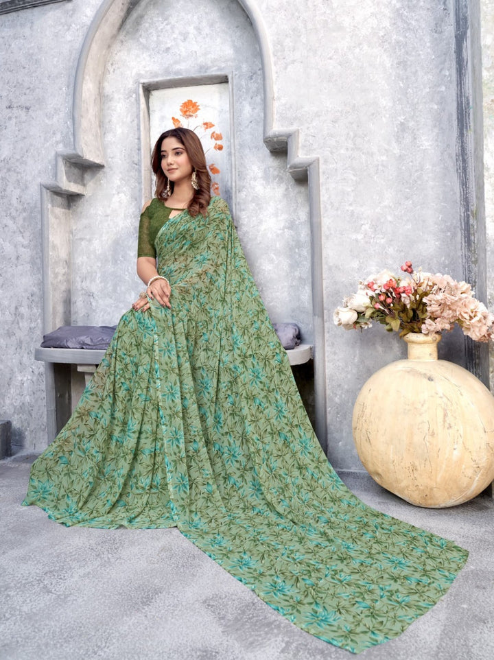 BEAUTIFUL GREEN COLOUR ETHNIC FLORAL PRINTED WEIGHTLESS FABRIC SAREE