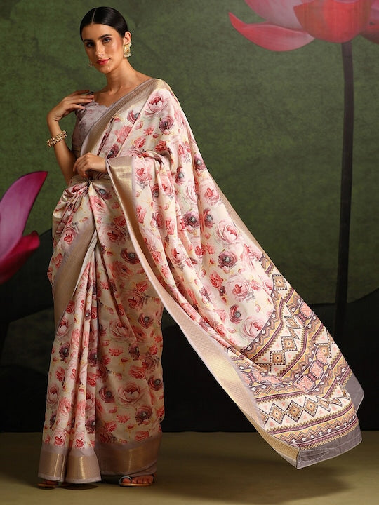 Women's Silk Blend Off White Printed Celebrity Saree With Blouse Piece