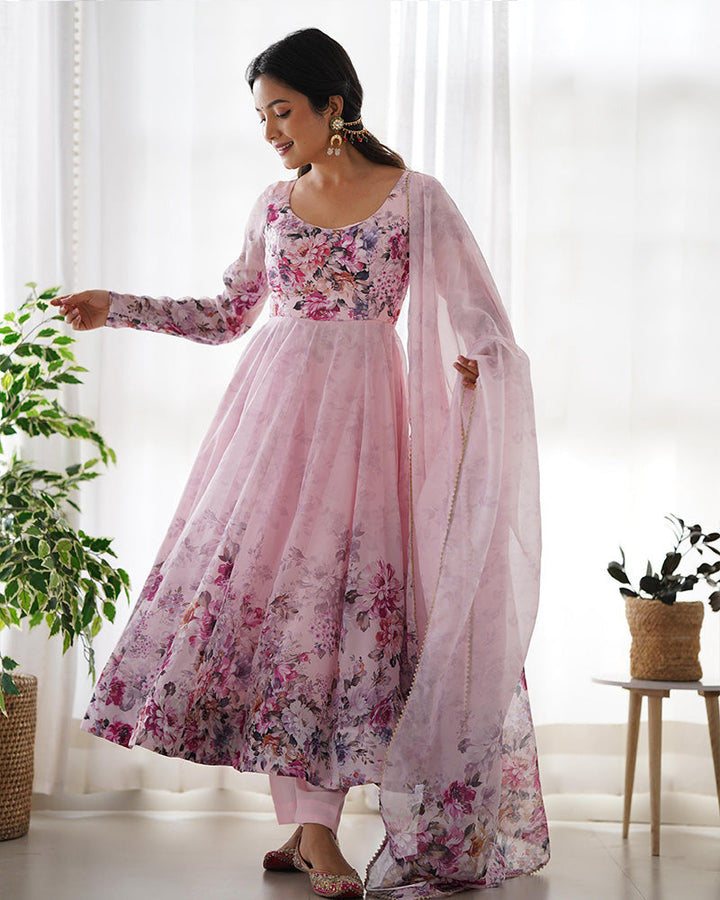 Baby Pink Color Floral Print Organza Three Piece Anarkali Suit  - By Qivii