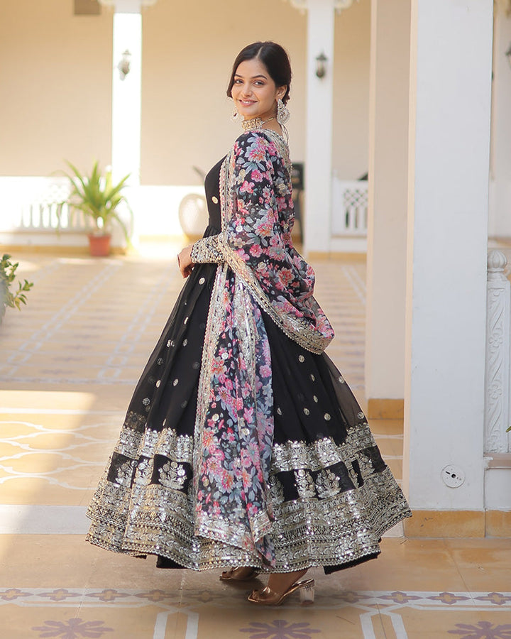 Black Color Faux Georgette Designer Gown With Dupatta  - By Qivii