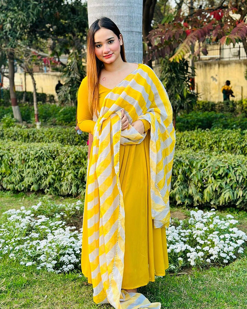 Yellow Color Georgette Anarkali Gown with Designer Dupatta  - By Qivii