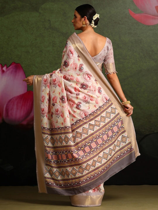 Women's Silk Blend Off White Printed Celebrity Saree With Blouse Piece