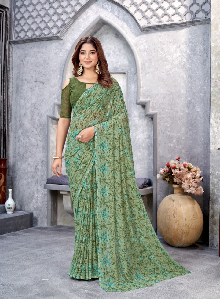 BEAUTIFUL GREEN COLOUR ETHNIC FLORAL PRINTED WEIGHTLESS FABRIC SAREE