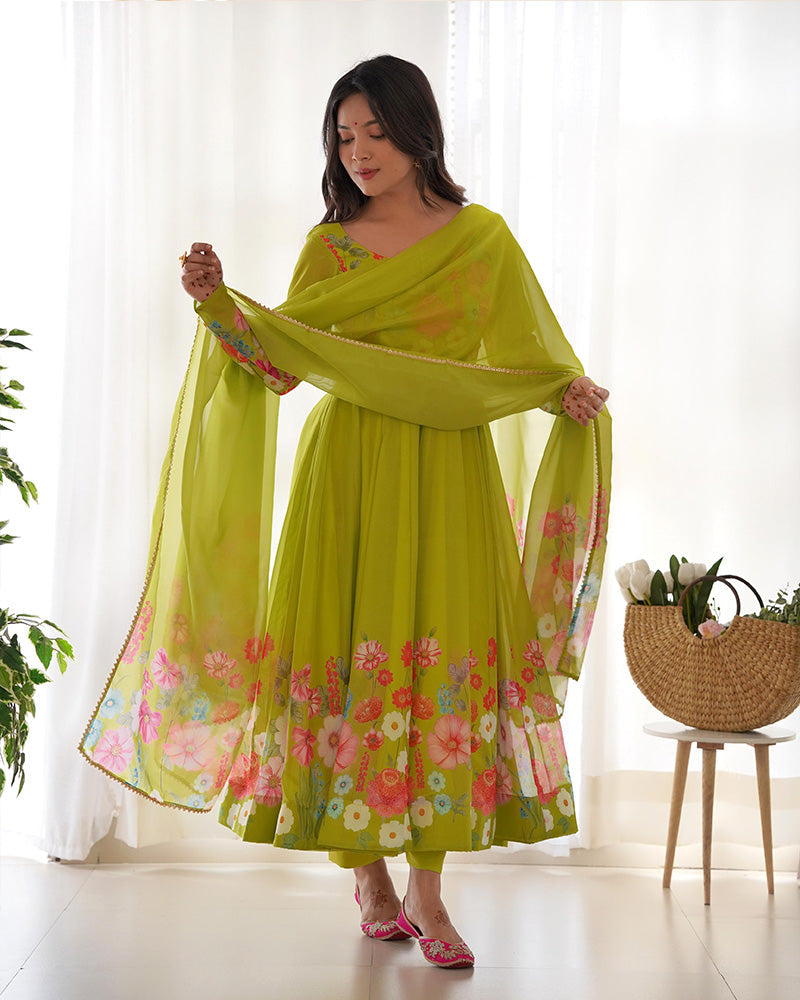 Neon Color Floral Print Organza Three Piece Anarkali Suit  - By Qivii