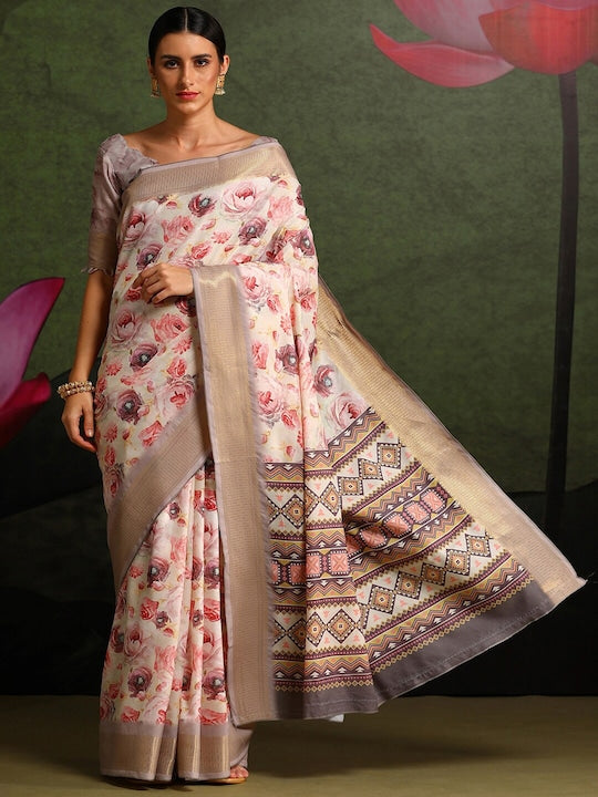 Women's Silk Blend Off White Printed Celebrity Saree With Blouse Piece