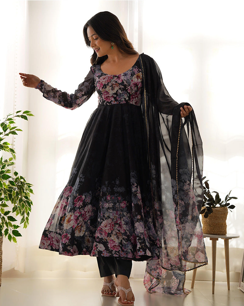 Black Color Floral Print Organza Three Piece Anarkali Suit by Qivii, featuring intricate floral patterns and elegant organza fabric