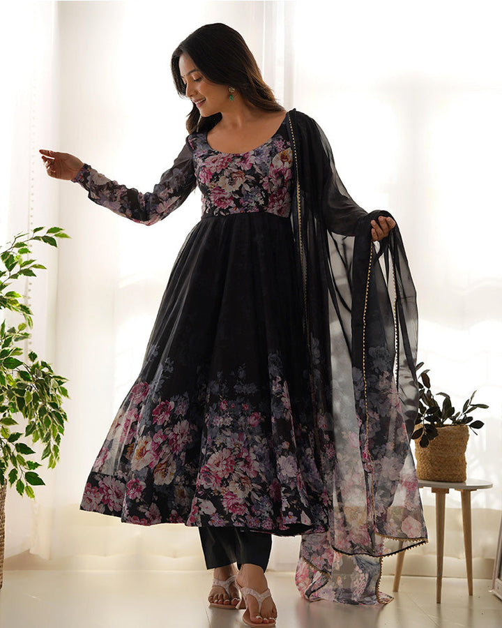 Black Color Floral Print Organza Three Piece Anarkali Suit  - By Qivii