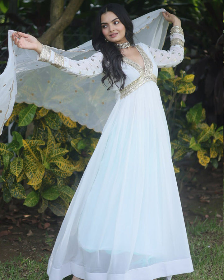 Wedding wear embroidered white Alia cut gown with dupatta by Qivii