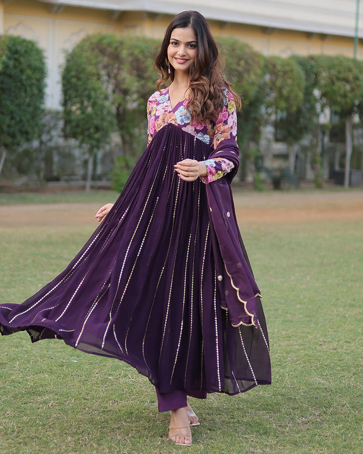 Designer Wine Color Alia Cut Anarkali With Dupatta  - By Qivii