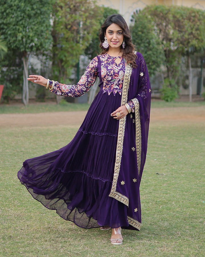 Purple Color Frill Georgette Gown With Dupatta  - By Qivii