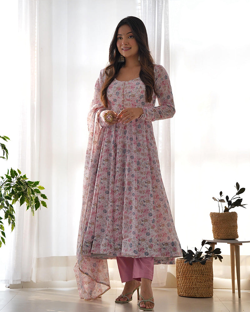 Baby Pink Color Heavy Chiffon Floral Print With Full Flair Three Piece Anarkali Suit  - By Qivii