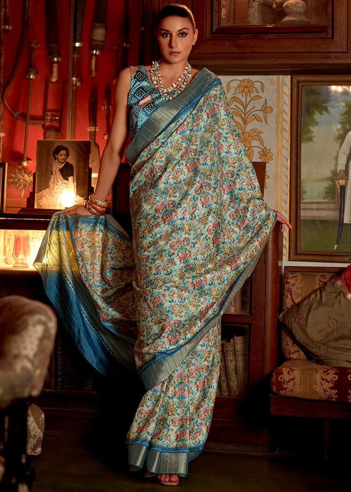 Shades Of Blue Printed Zari woven Silk Saree