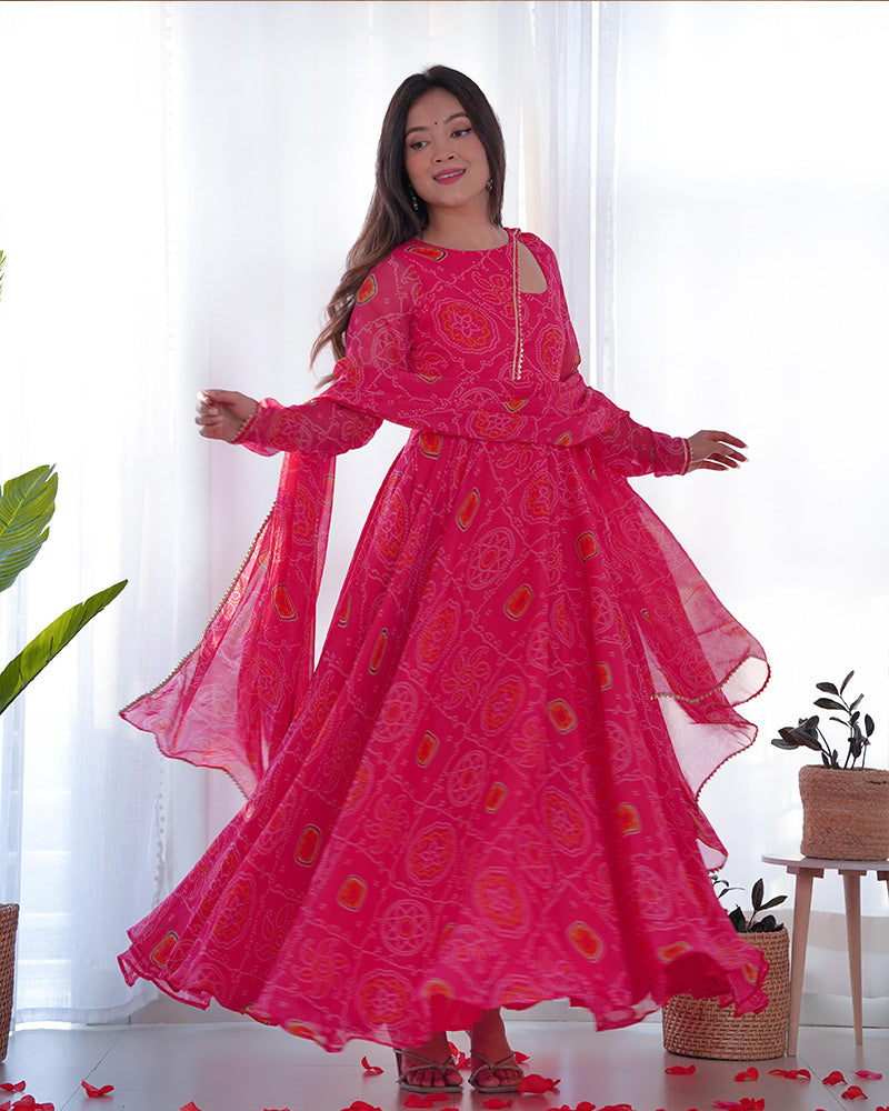 Pink Color Bandhej  Print Soft Chiffon Stylish Neck Three Piece Anarkali Gown  - By Qivii