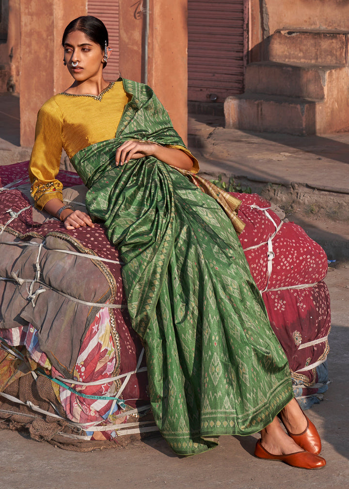 Sea Green Ikkat Silk Jaipuri Saree with Embroidery Designer Blouse