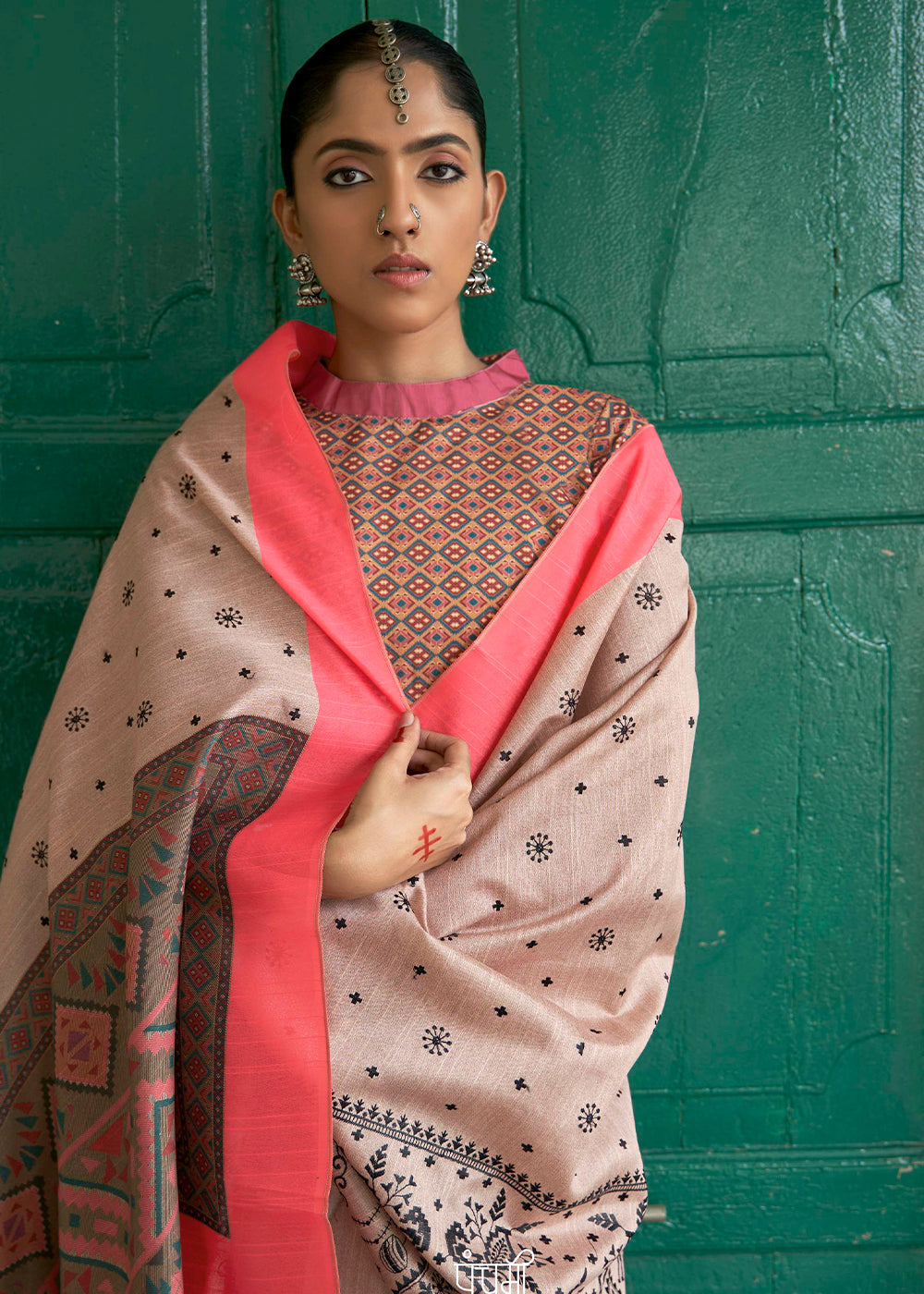 Brownish White Printed Designer Silk Saree