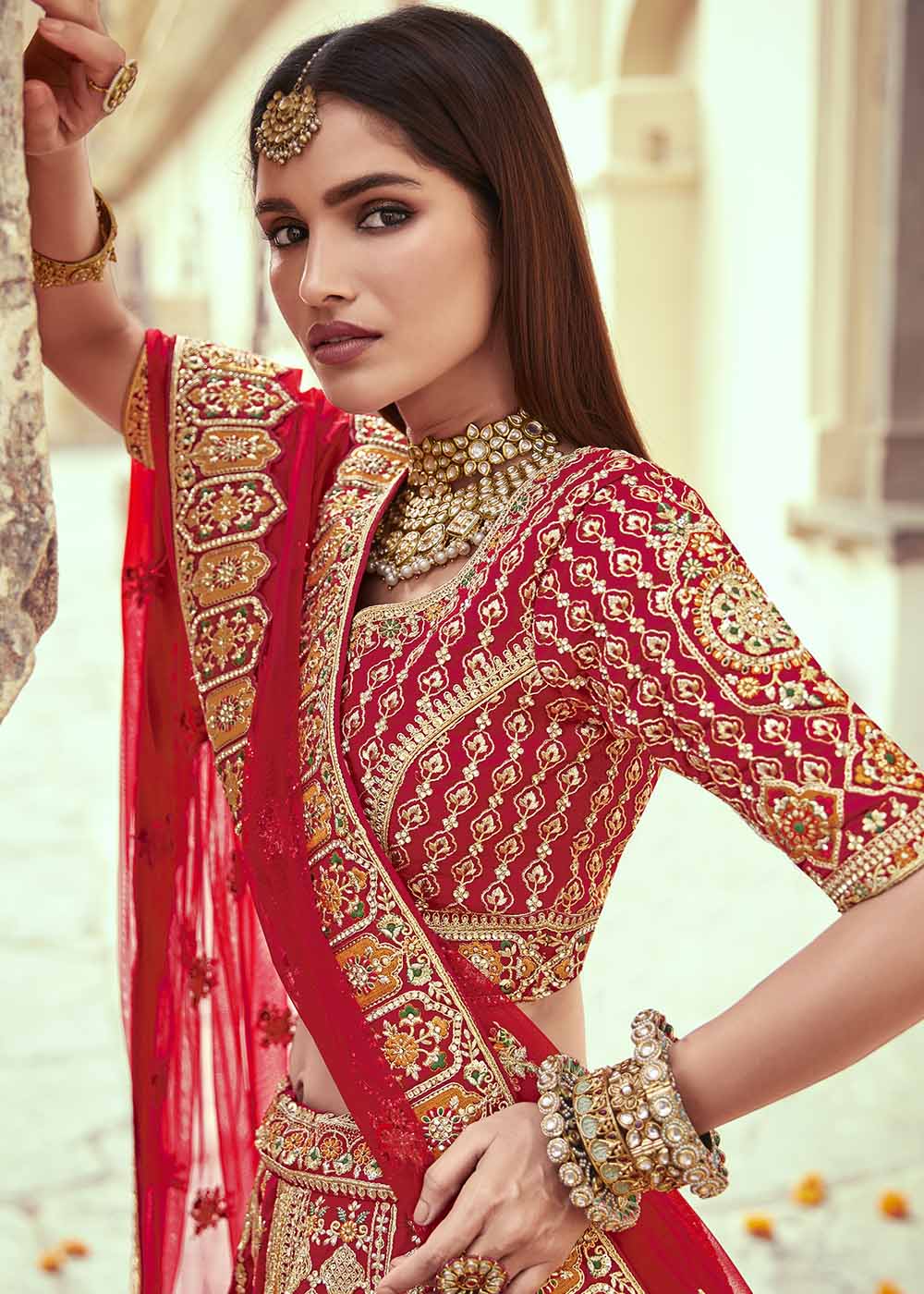 Apple Red Banarasi Silk Lehenga Choli with Jarkan, Cutdana and Hand Embroidery work:Bridal Edition | Ready To Wear - qivii