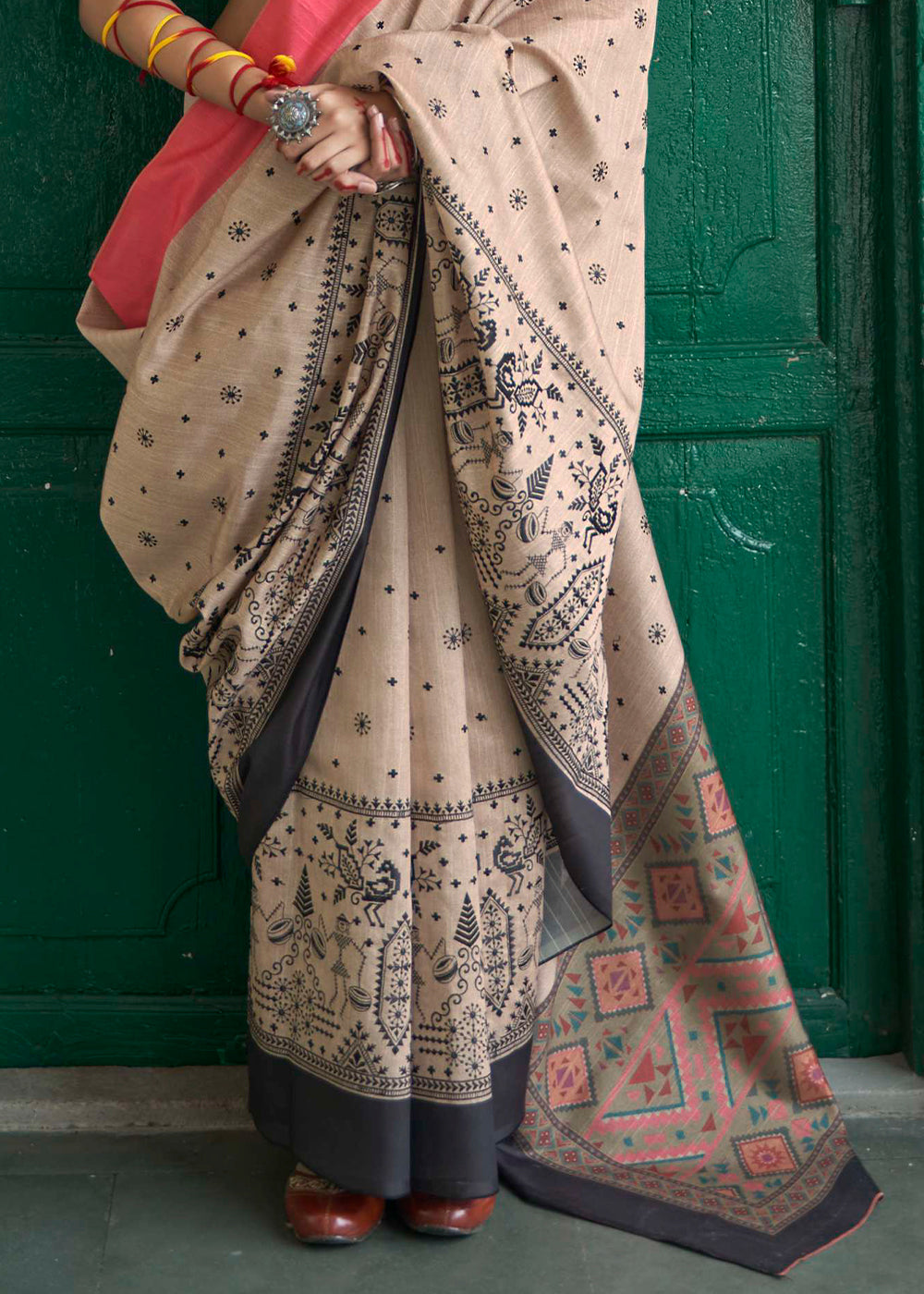 Brownish White Printed Designer Silk Saree